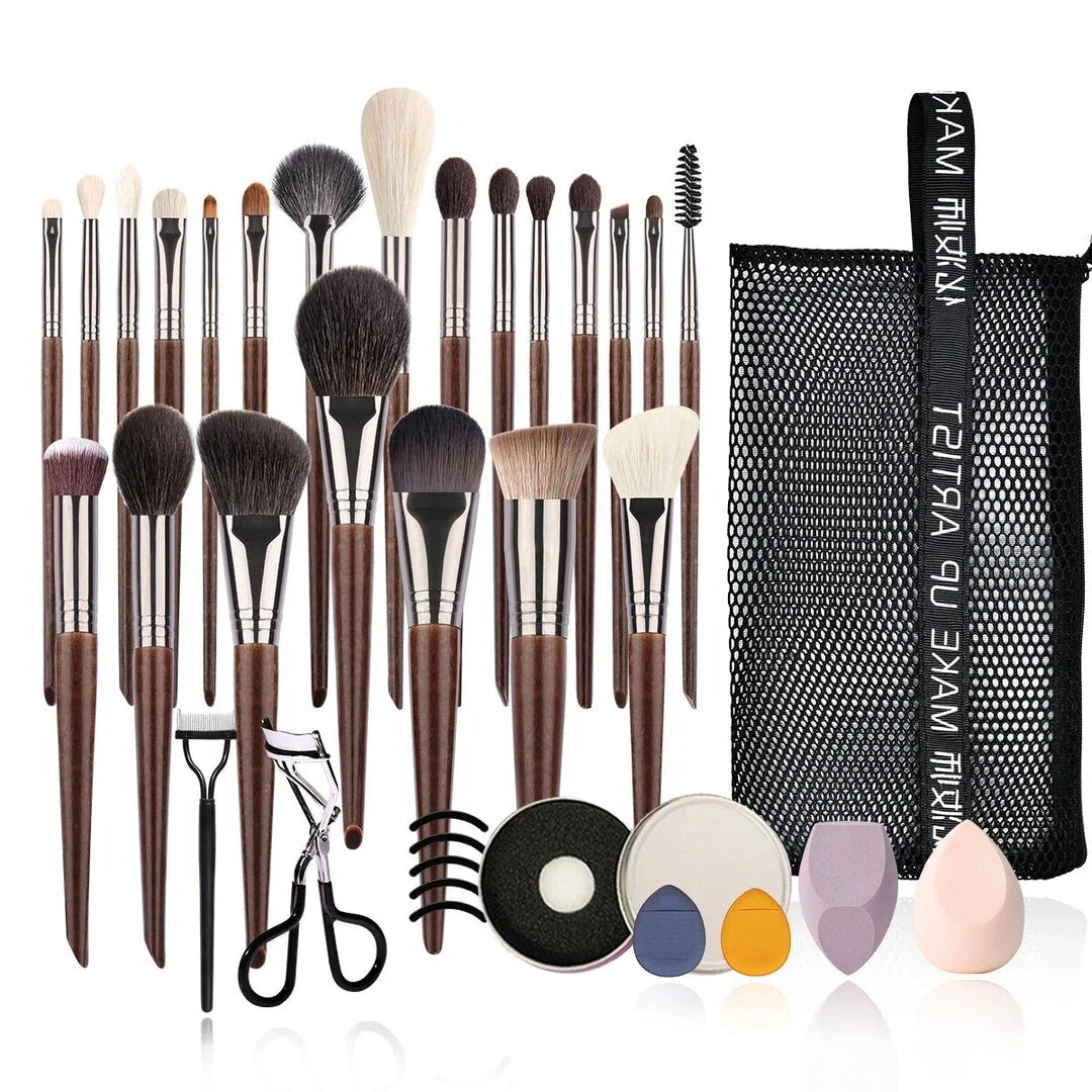 Premium 24-piece natural makeup brush set with sustainable Beech Wood handles and uncut natural bristles for flawless makeup application
