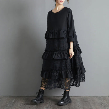 Stylish plus size black dress with lace stitching and long sleeves, perfect for retro-inspired style