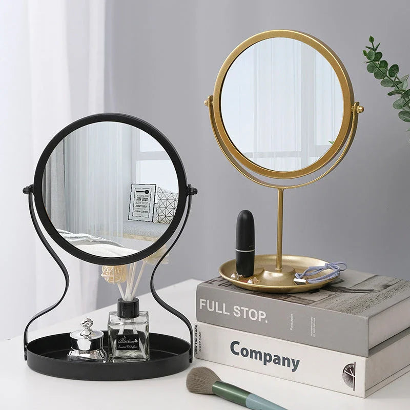 Elegant metal vanity mirror with polished silver mirror and built-in jewelry storage compartments