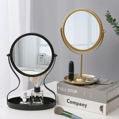 Elegant metal vanity mirror with polished silver mirror and built-in jewelry storage compartments