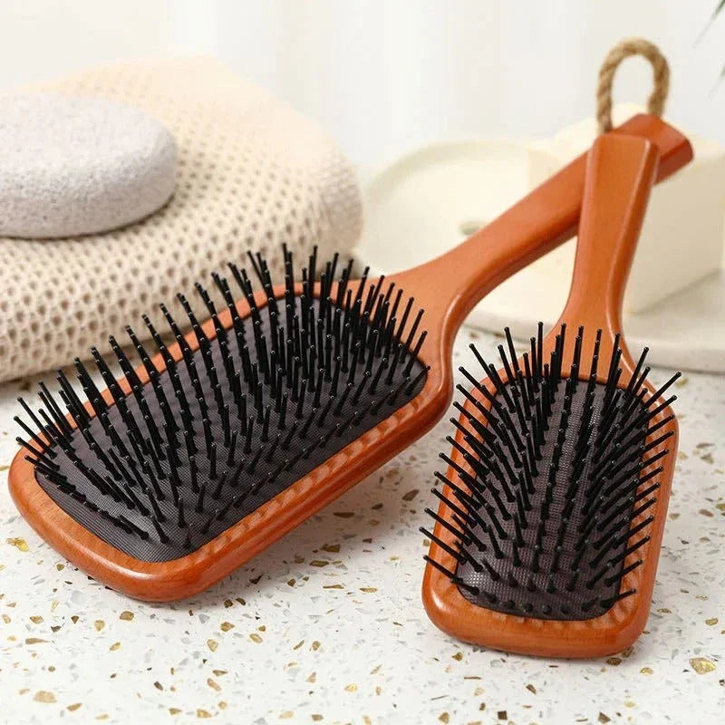 Anti-static wooden air cushion hair brush with scalp-massaging action, designed for healthy, beautiful hair