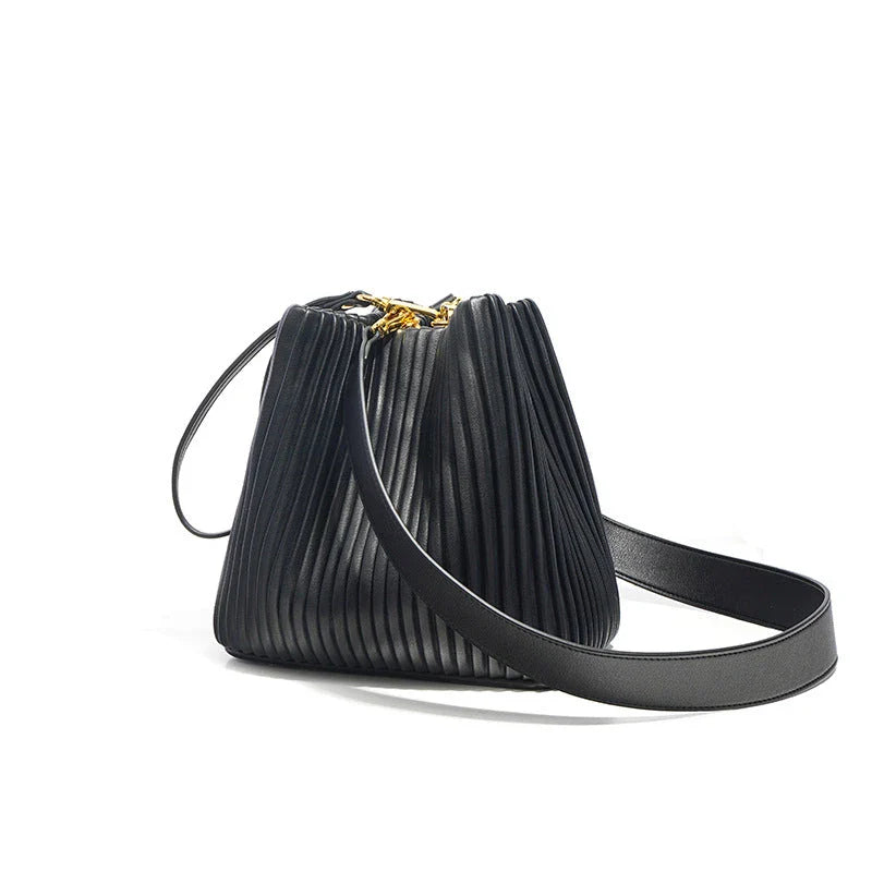 Elegant microfibre leather bucket bag with ruched design, suitable for Kiwi lifestyles