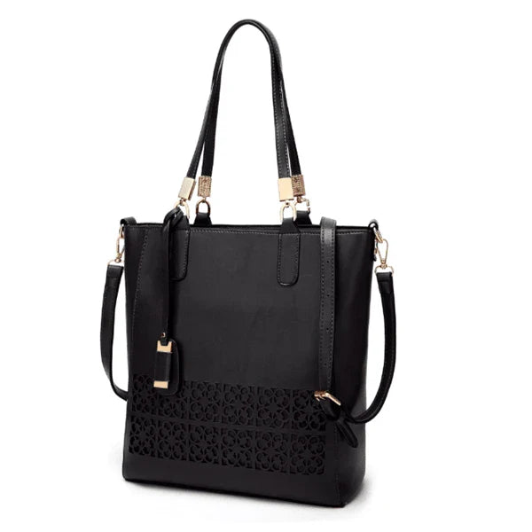 Stylish hollow handbag with adjustable straps, multiple interior pockets, and a durable PU leather construction