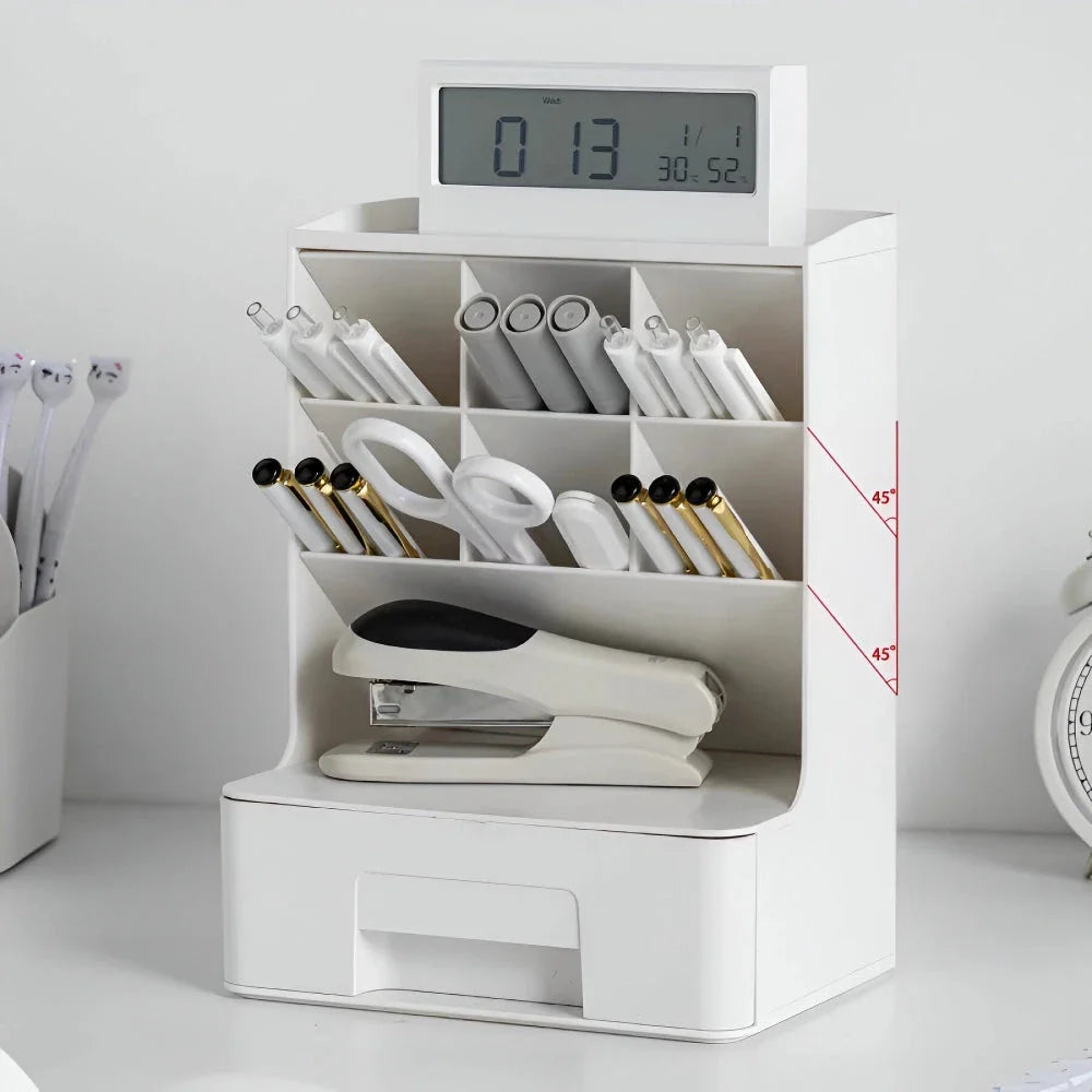 Stylish white desk organiser with compartments for pens, pencils, and other stationery items