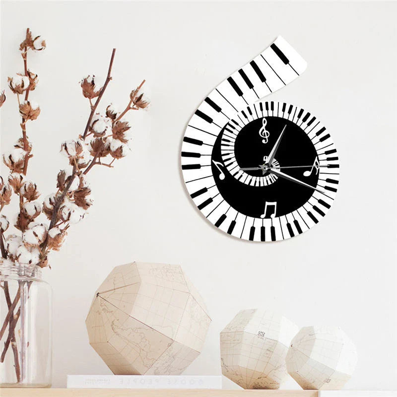 Unique wall clock with irregular shape, treble clef, piano keyboard, and musical notes decorative elements