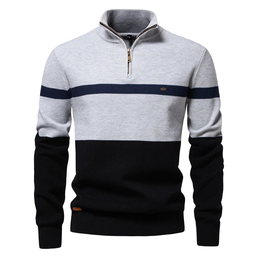 A stylish, slim-fit sweater in a modern colour-blocking design of Lake Green, White, and Grey, made with premium cotton for exceptional comfort and New Zealand casual style.