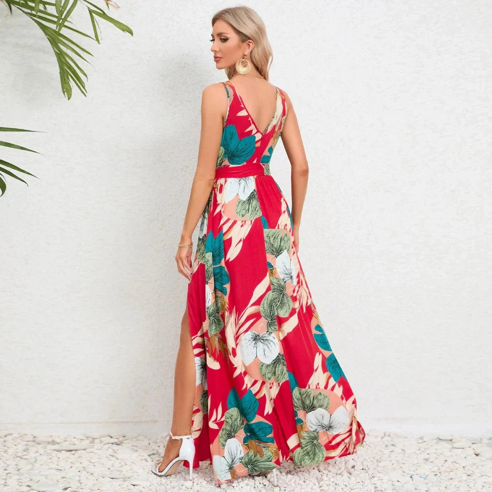 Elegant Kiwi-Inspired Paisley Maxi Dress for Summer - Charming V-Neck, Flowy A-Line Silhouette, and Breathable Cotton-Polyester Blend