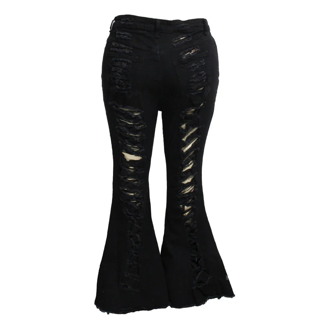 Stylish stretch denim flare jeans in black and light blue colors, featuring a high-waisted, bell-bottom design for a flattering, retro-inspired look.