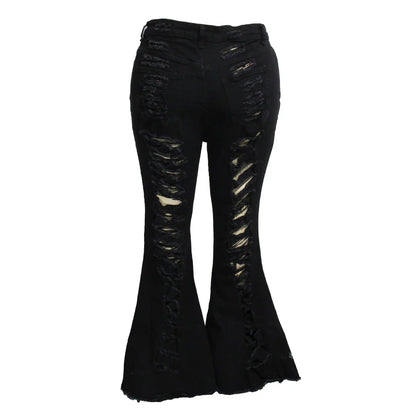 Stylish stretch denim flare jeans in black and light blue colors, featuring a high-waisted, bell-bottom design for a flattering, retro-inspired look.