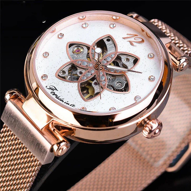 Casual Mesh Belt Automatic Mechanical Watch with Alloy Case and Adjustable Mesh Band