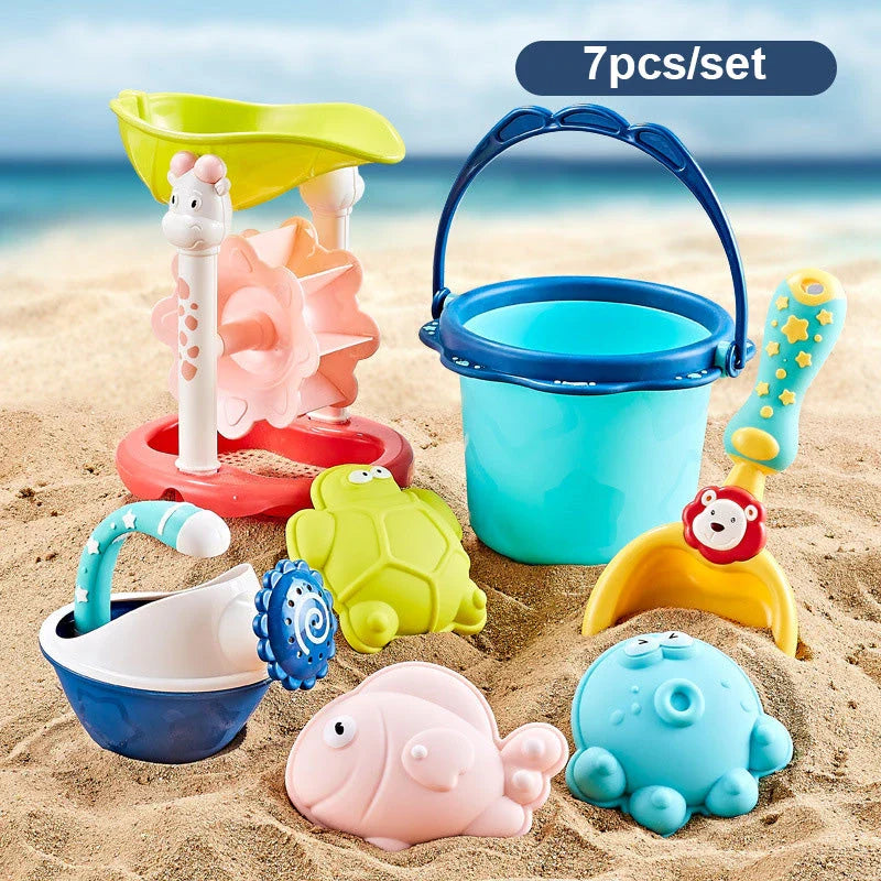Colorful beach toy set with shovels, sand molds, and a convenient carry bag for outdoor fun