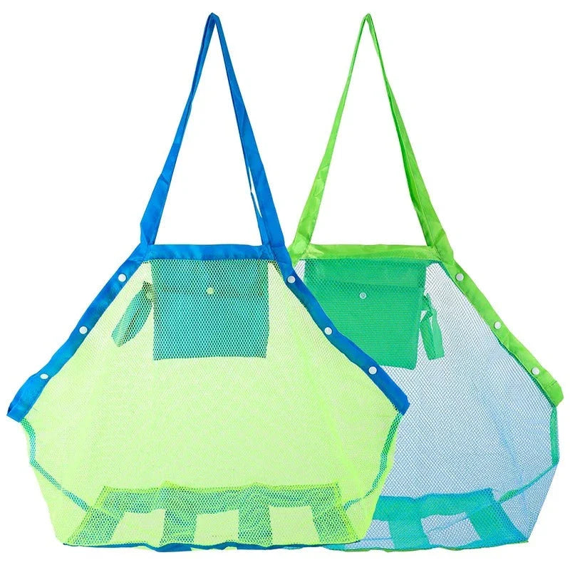 Versatile mesh beach bag in green, featuring a roomy interior, reinforced bottom, and breathable design for outdoor activities