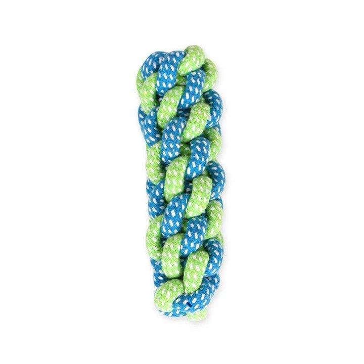 Chew-tastic braided cotton dog toy in the shape of a bone, available in brown and grey colours