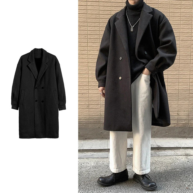 Premium polyester long coat in classic black and khaki colors, featuring a stylish suit collar and double-breasted front design for a sophisticated winter look.