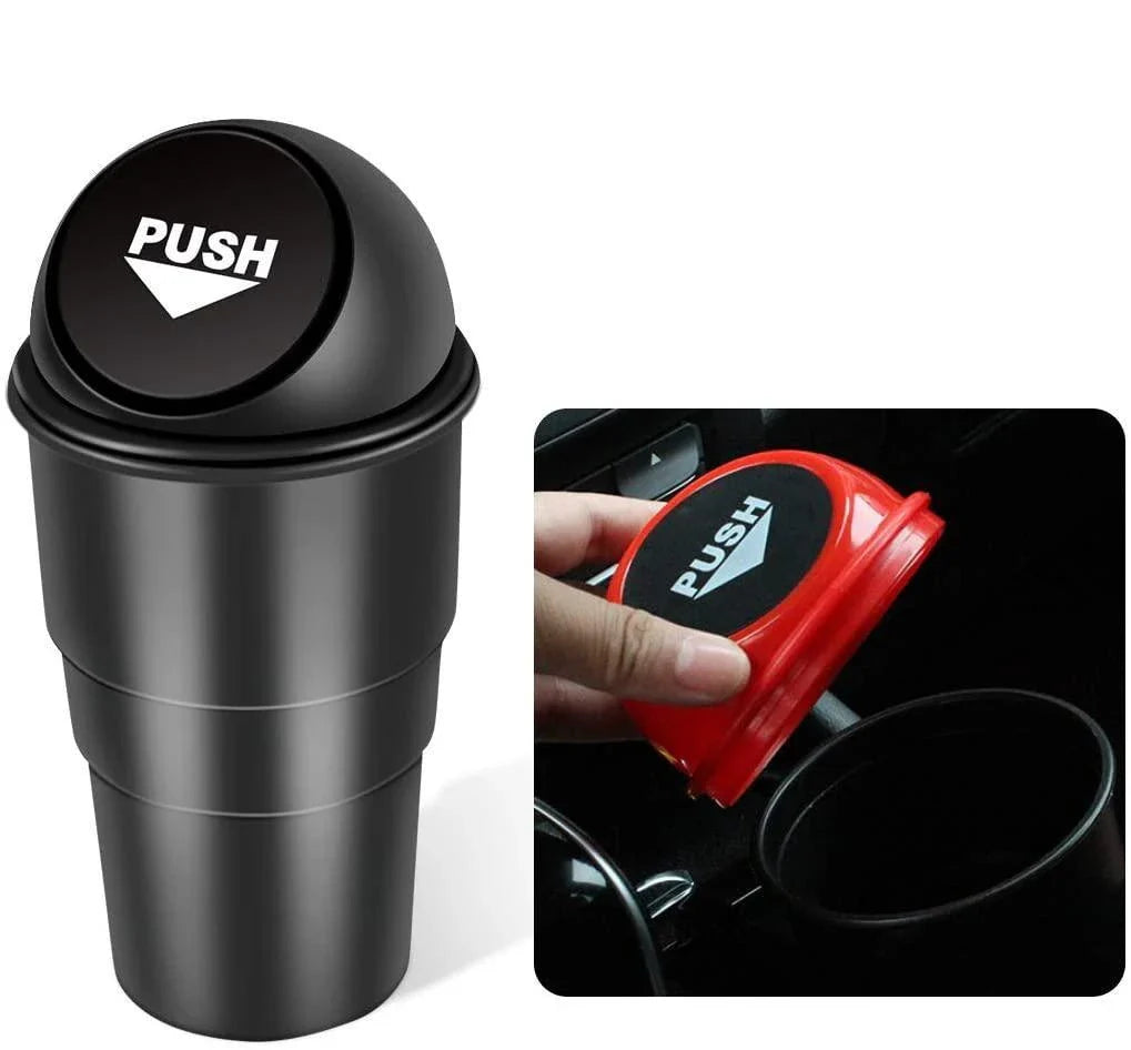 Compact in-car rubbish bin made of durable ABS plastic, designed to fit in car cup holders and keep vehicles clean and organised