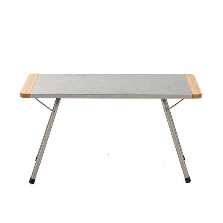 Portable bamboo folding table with stainless steel frame, ideal for outdoor activities like camping, picnics, and BBQs in New Zealand