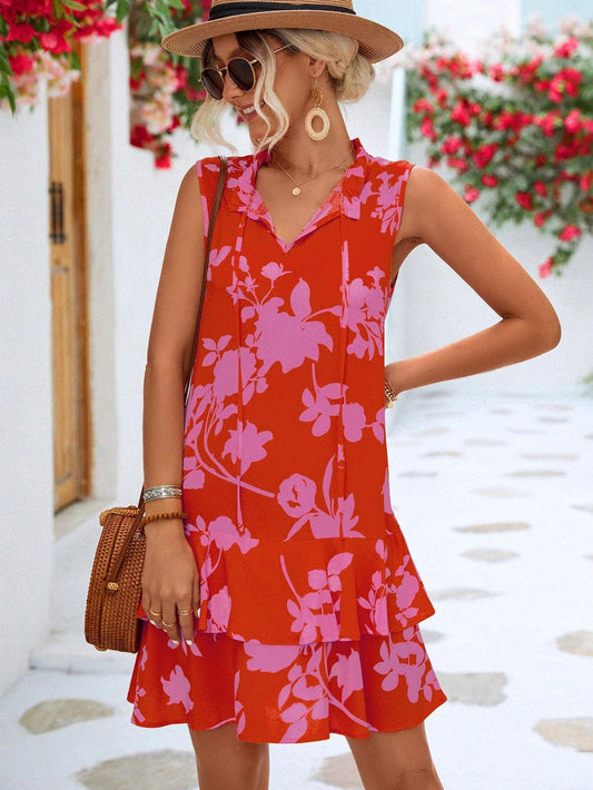 Stylish floral dress with tie neck and sleeveless design, perfect for everyday wear in New Zealand