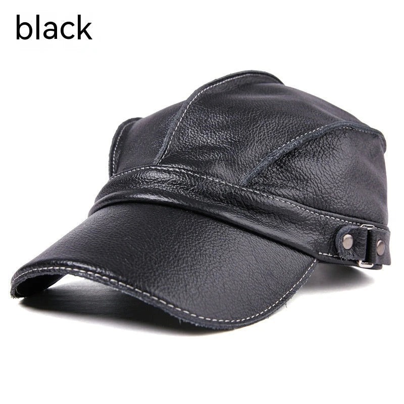 Leather baseball cap with earmuffs in black, red, and brown colors for men's cold weather wear