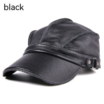 Leather baseball cap with earmuffs in black, red, and brown colors for men's cold weather wear