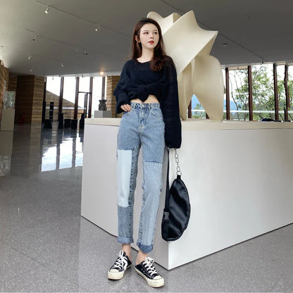 Trendy Autumn Pants: Straight-Leg, High-Waisted Denim Trousers in Light Blue