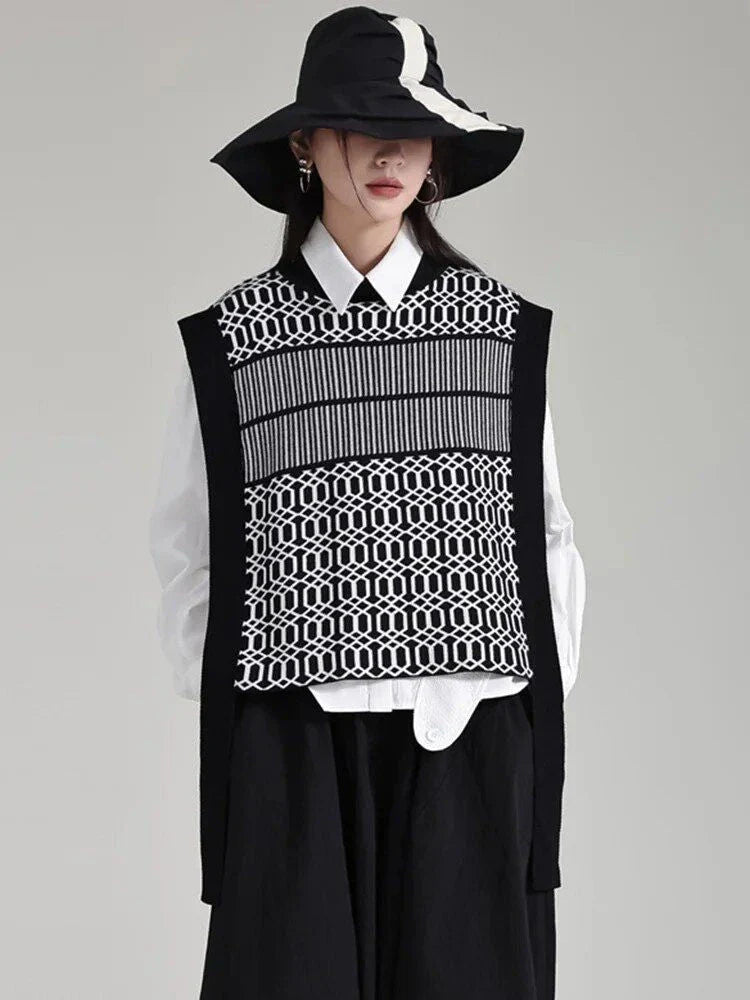 Women's Black Irregular Pattern Knitting Vintage Vest with unique design and comfortable cotton-polyester blend