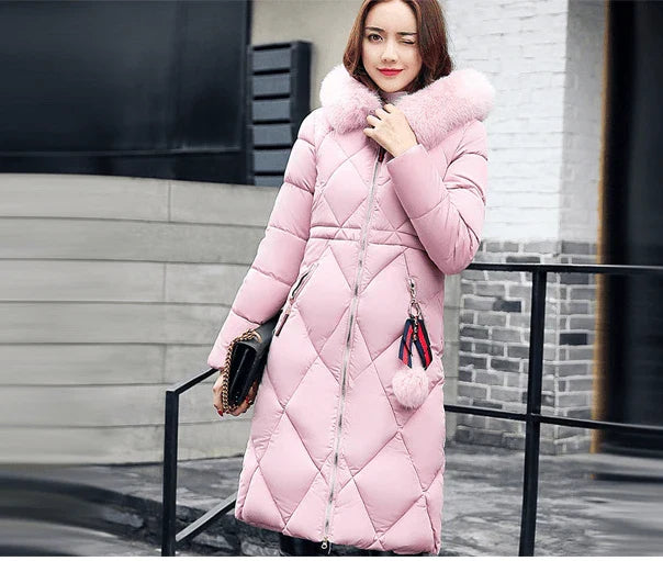 Premium long down jacket with oversized fur collar in various colours, perfect for keeping warm in New Zealand's winter weather