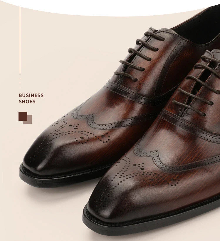 Stylish men's leather dress shoes with engraved pattern and retro-inspired square toe design