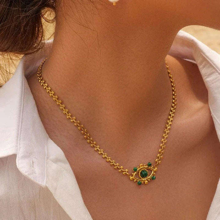 Premium multi-layer turquoise and malachite Devil's Eye pendant necklace made with 18K gold-plated stainless steel