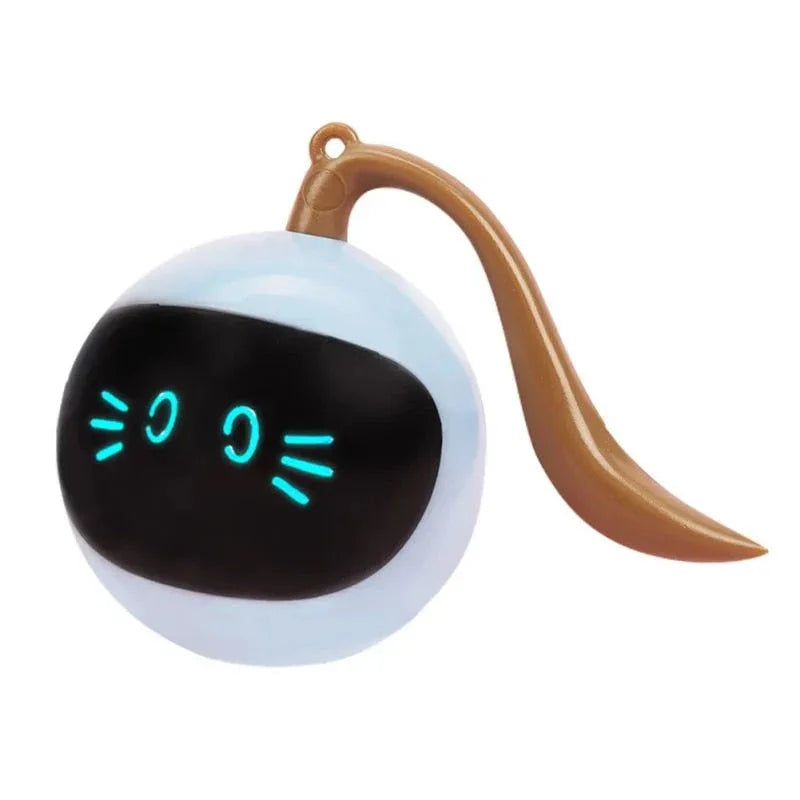 A smart interactive cat toy with a bouncing ball and colorful LED lights, designed to keep indoor cats entertained and engaged.