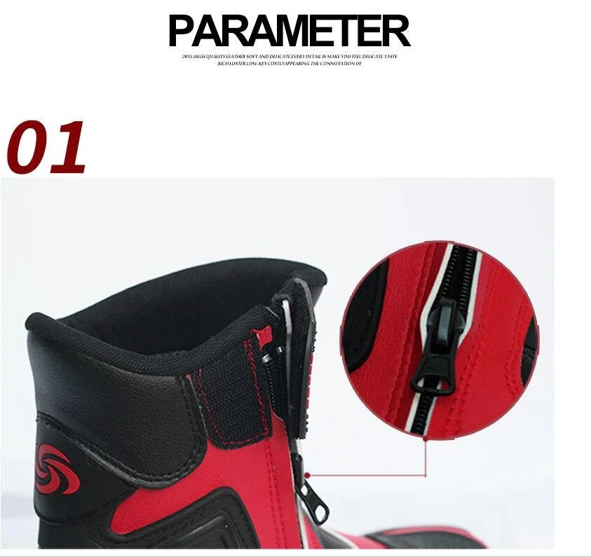 Motorcycle riding boots with reinforced toe and heel, slip-resistant construction, and adjustable straps for a secure fit