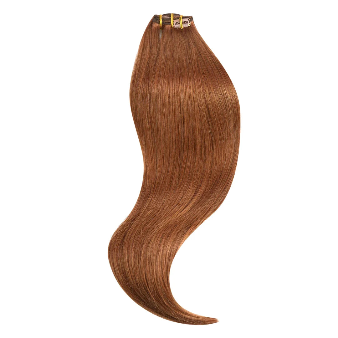 12-inch Clip-In Human Hair Extensions in Auburn, made with 100% Brazilian Remy hair for a luxurious, natural-looking Kiwi style