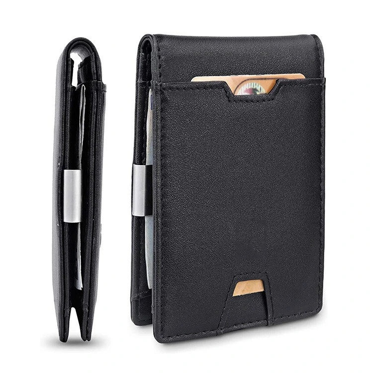 A stylish black leather card holder with a money clip, featuring carbon fibre accents for a sleek, modern look.