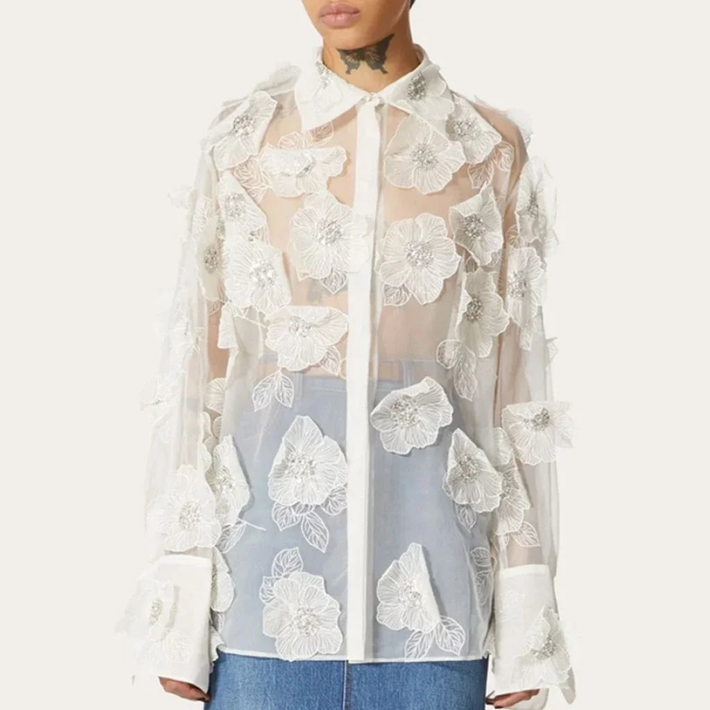 Stylish patchwork blouse with lapel collar, long sleeves, and sheer mesh panels for modern Kiwi casual elegance