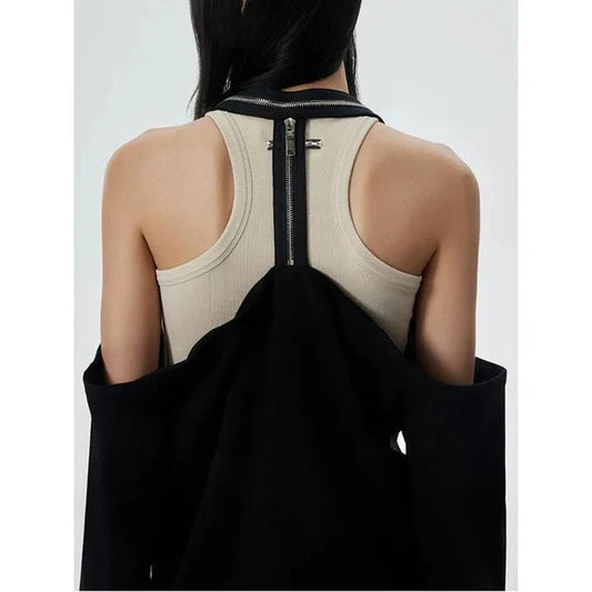 Stylish halter neck double-breasted black blazer for Kiwi women, featuring a unique design and premium materials