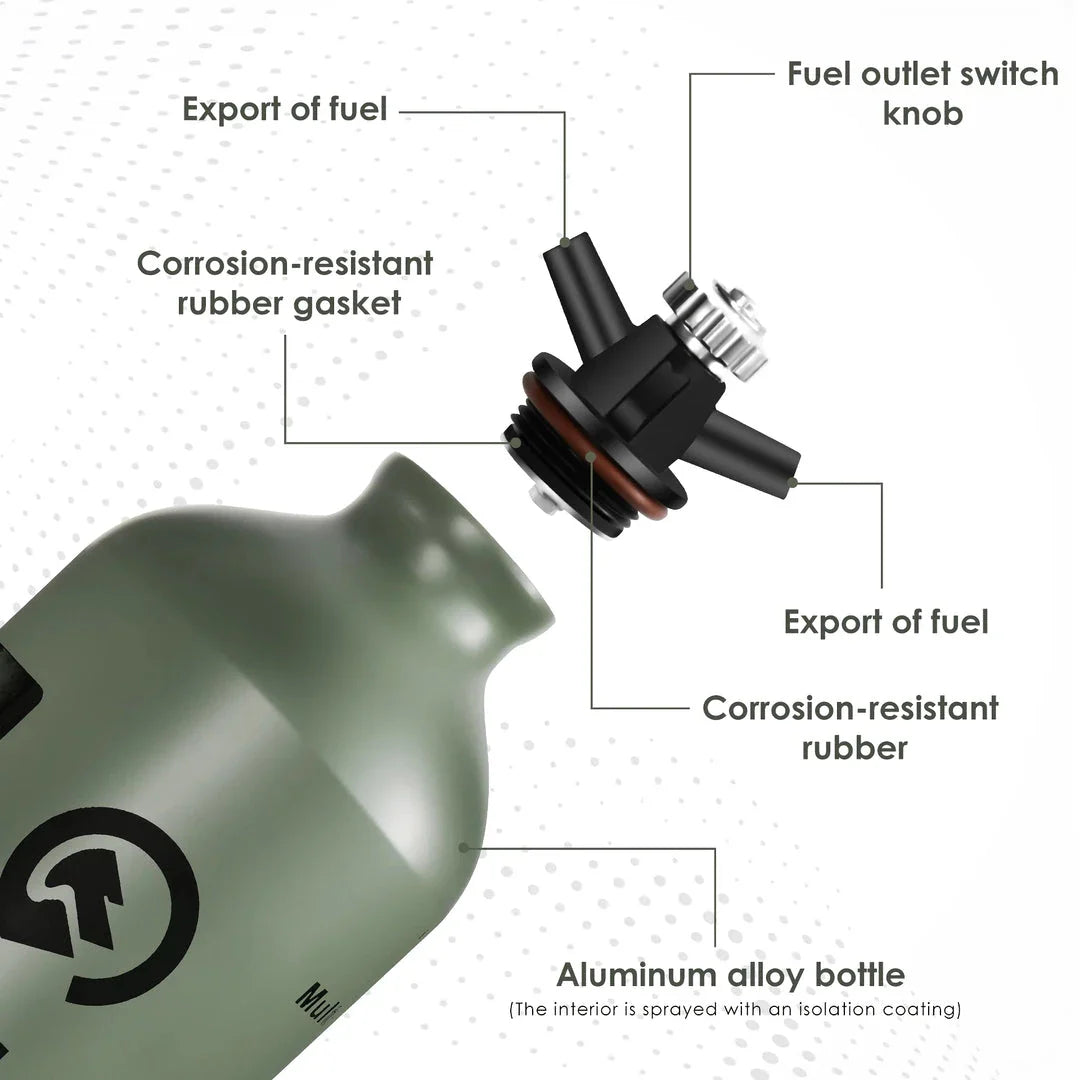 Portable aluminium fuel bottle with spill-proof cap and venting pipe, ideal for Kiwi outdoor adventures