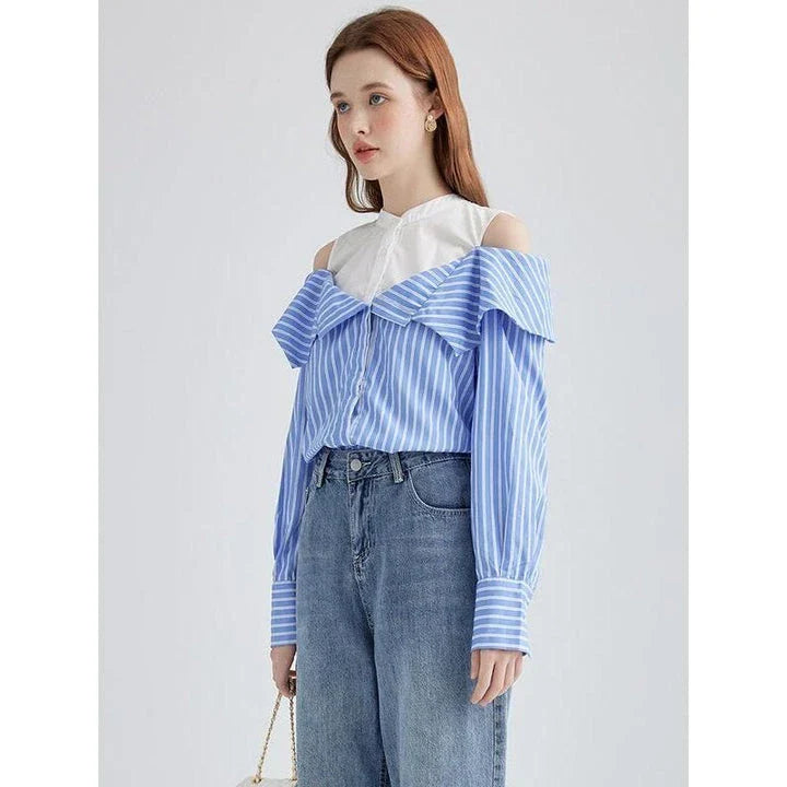 A stylish striped long sleeve off-shoulder blouse made from a premium cotton-polyester blend, perfect for the Kiwi lifestyle.