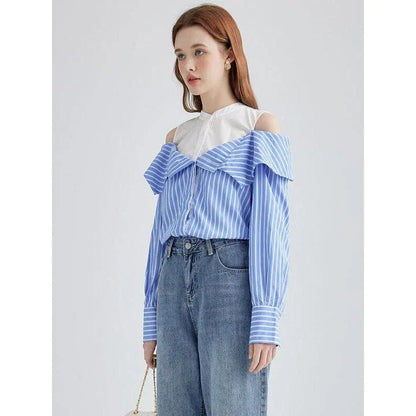 A stylish striped long sleeve off-shoulder blouse made from a premium cotton-polyester blend, perfect for the Kiwi lifestyle.