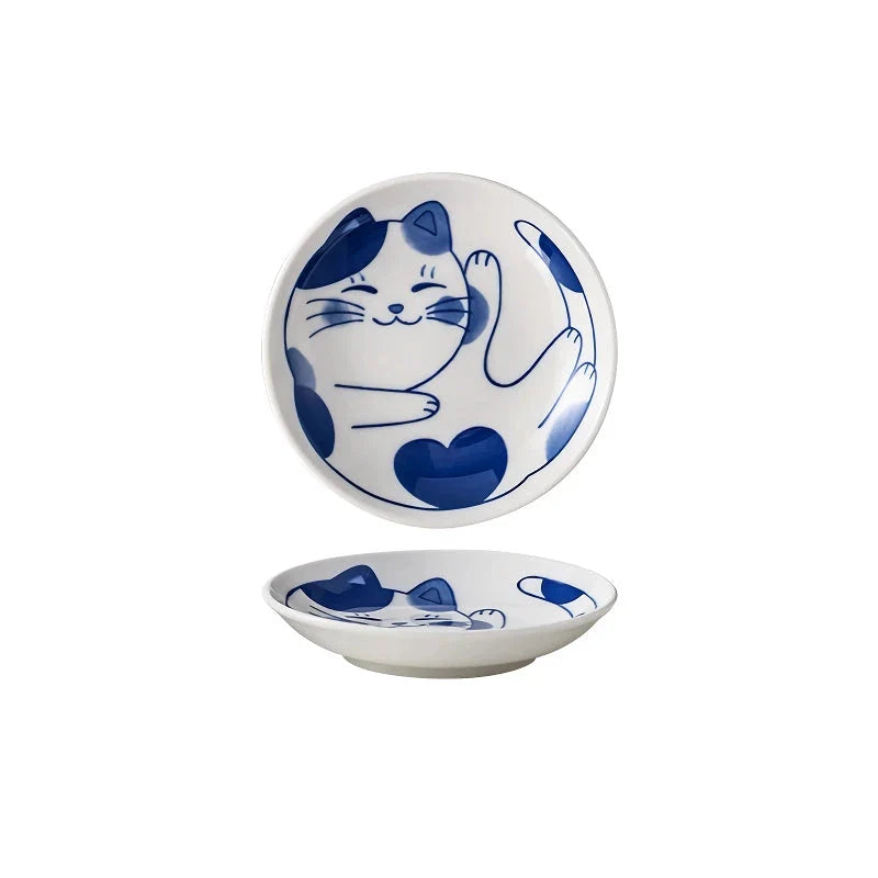 Ceramic Porcelain Dish with Hand-Painted Lucky Cat Design for Serving Sauces, Dips, and Desserts