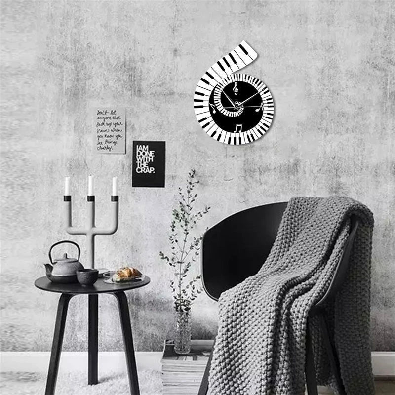 Unique wall clock with irregular shape, treble clef, piano keyboard, and musical notes decorative elements