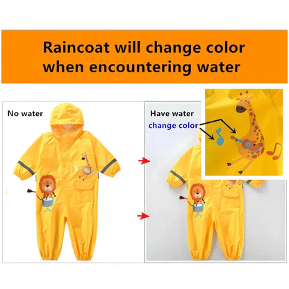 Waterproof dinosaur-themed rain jumpsuit for Kiwi kids, featuring a vibrant cartoon print and durable, protective materials