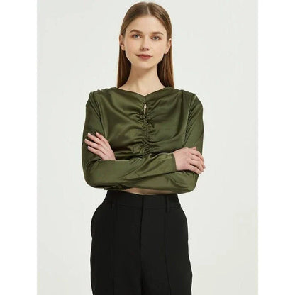 Elegant green silk chiffon long sleeve blouse, designed in New Zealand for the modern Kiwi woman