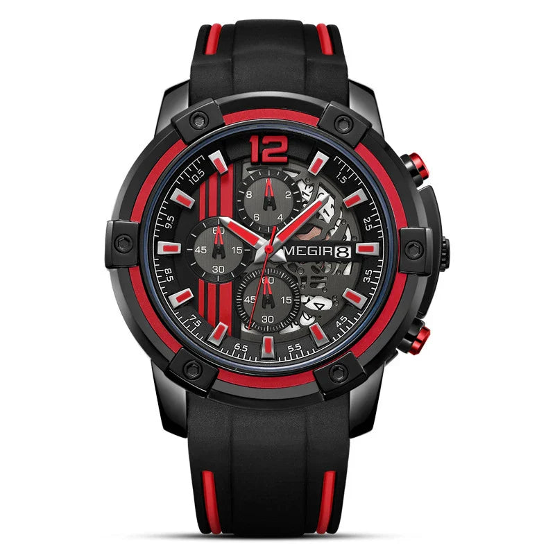 Stylish men's skeleton calendar watch with a large 48mm dial, available in red, yellow, and white face colors with a black strap