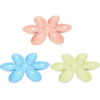 A blue silicone 6-in-1 feeding bowl for puppies and kittens, designed with a large 42 cm diameter for multiple pets.