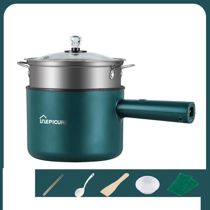 Versatile electric cooker in Emerald Green and Sapphire Blue colours, featuring manual and smart pot models with steaming grids for a range of cooking functions.