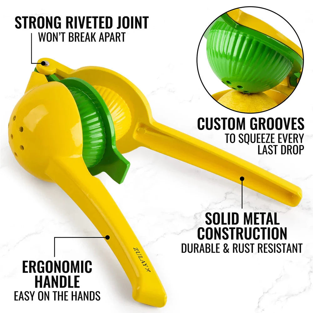 A high-quality manual citrus fruit juicer made of stainless steel and aluminium, designed for easy and efficient extraction of fresh juice from lemons, limes, oranges, and other citrus fruits.