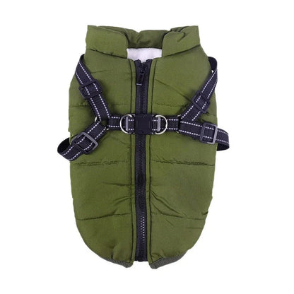 A stylish and practical waterproof dog coat with a built-in harness, designed to keep your pet warm, dry, and safe during outdoor activities.