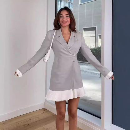 Stylish patchwork ruffled dress jacket made with sustainable viscose fibres, suitable for casual or smart-casual wear in New Zealand