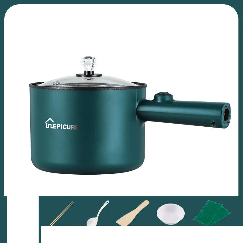 Versatile electric cooker in Emerald Green and Sapphire Blue colours, featuring manual and smart pot models with steaming grids for a range of cooking functions.