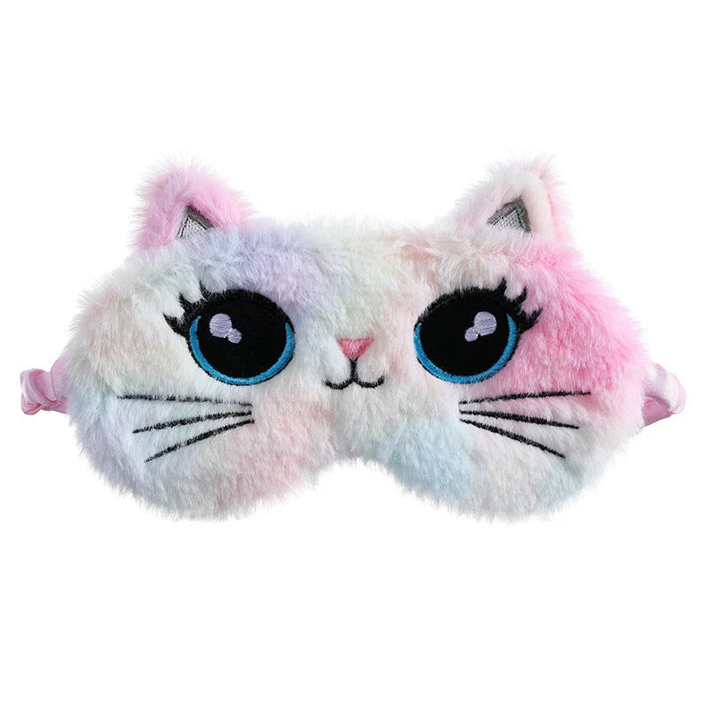 Cosy Kiwi Cutie plush sleep mask with adorable big eyes cat design and adjustable strap for comfort