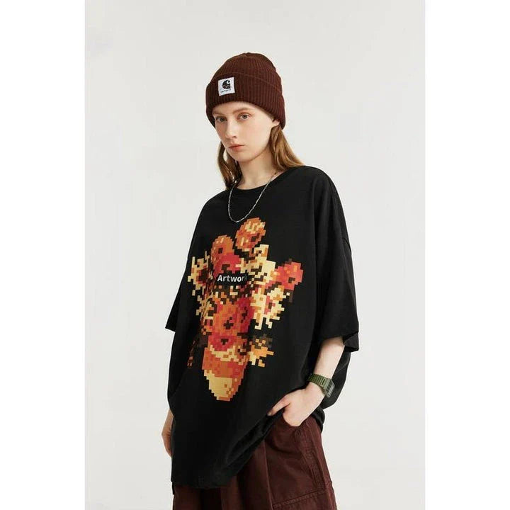 A stylish metallic sunflower print t-shirt in black or khaki, perfect for casual wear and streetwear.